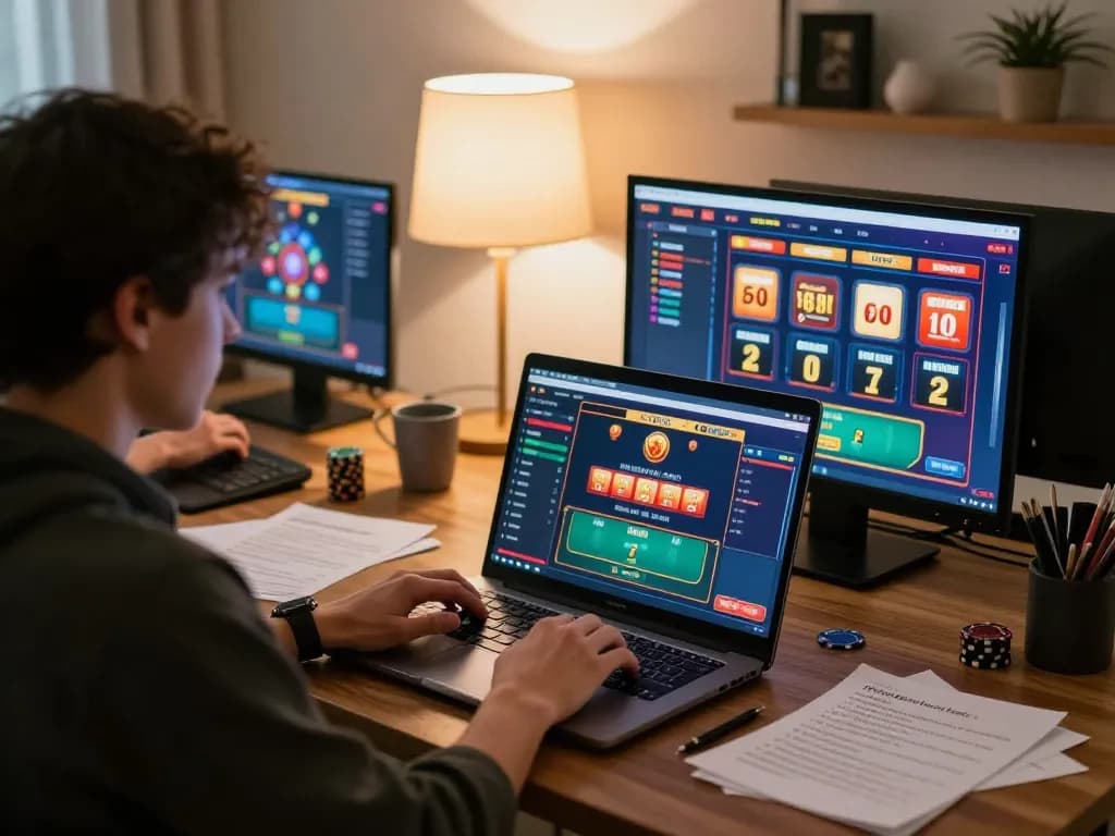Bermain game kasino online APK Ulat123 di laptop, menampilkan pengaturan rumah yang nyaman dengan layar permainan dan catatan strategi.