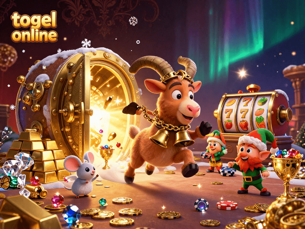 Togel online theme with Krampus in a spooky casino scene, showcasing vibrant slot reels and festive chaos.