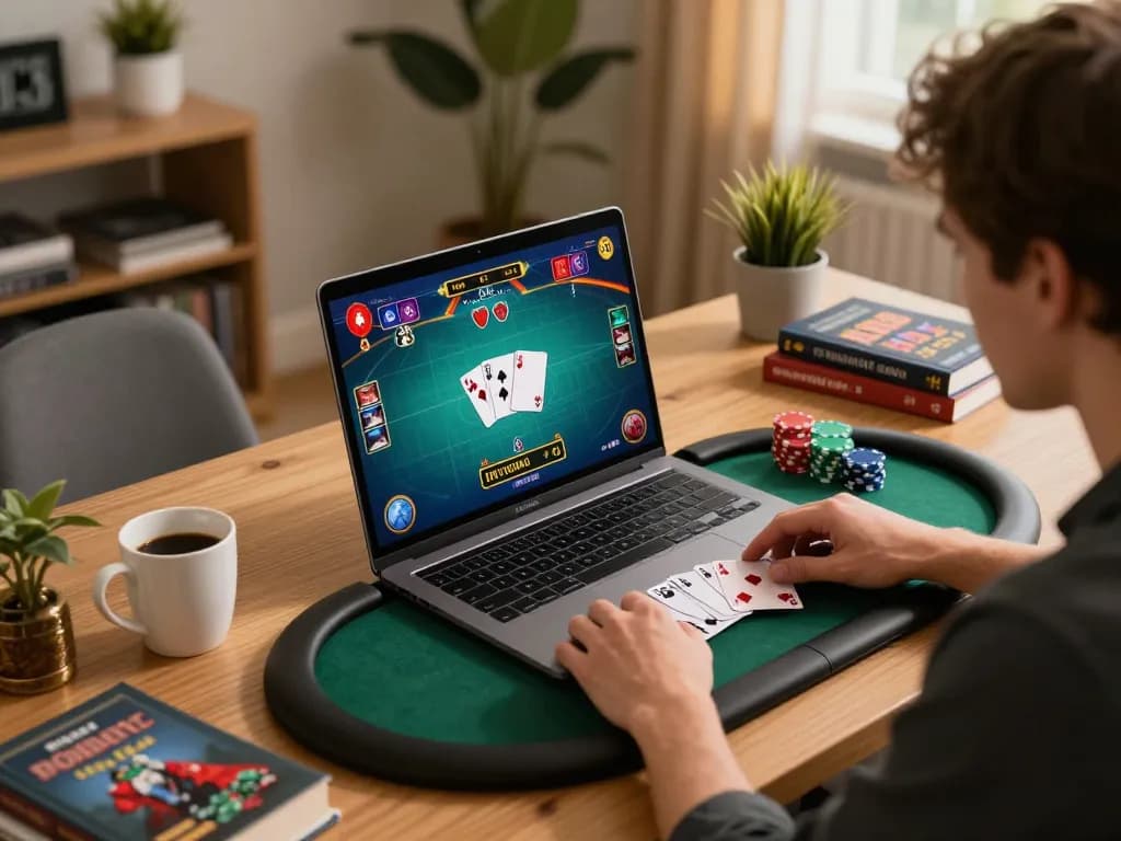 Engaging online gaming session at home with ok365 poker gameplay on screen