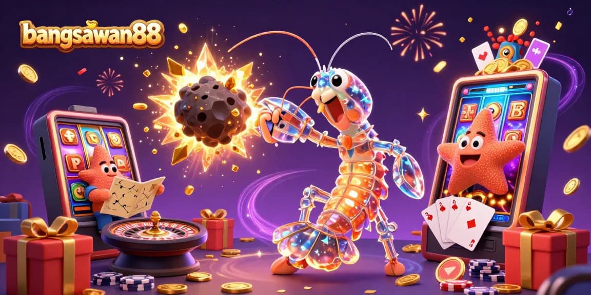 Bangsawan88 showcases a galactic samurai mantis shrimp amid casino elements, with winning gems and vibrant game visuals.