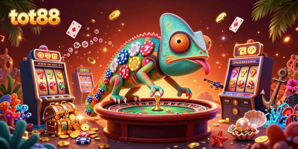 tot88 casino promotion image featuring a colorful chameleon, slot machines, and treasure elements.