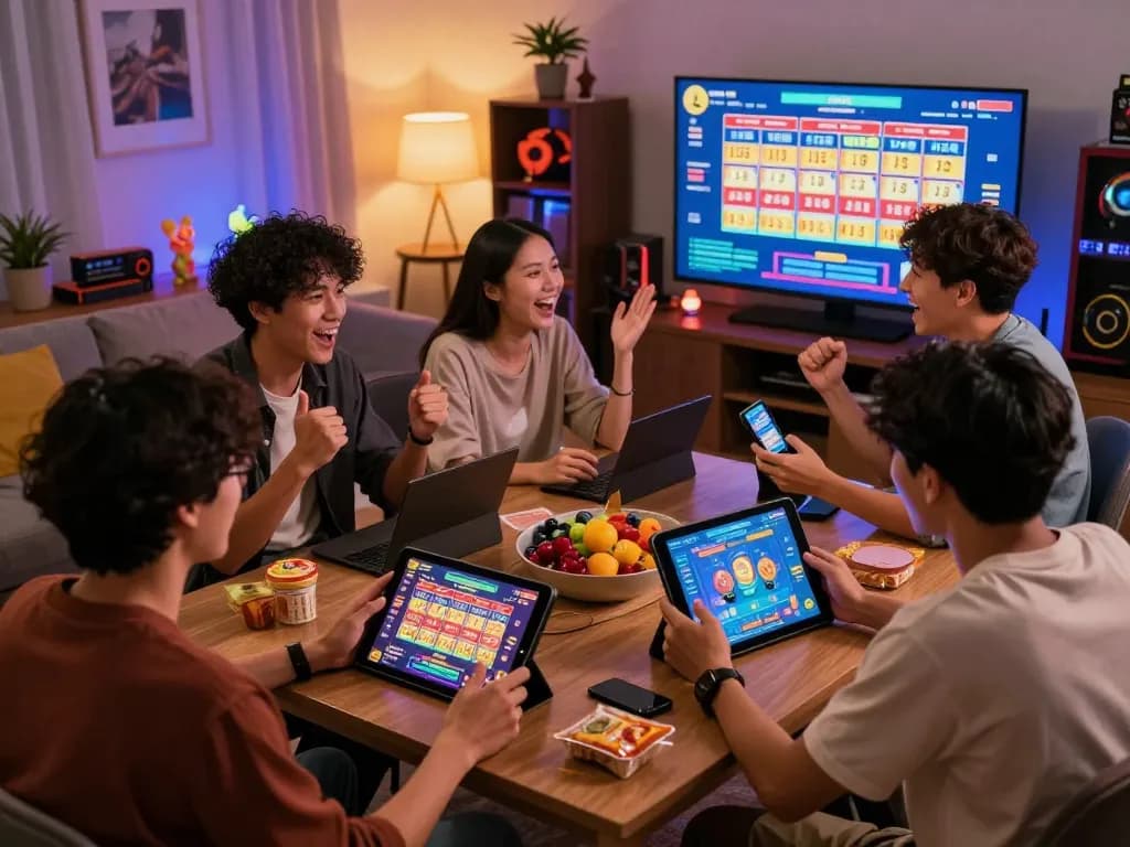 Friends enjoying situs toto in an exciting online gaming night, showcasing various games