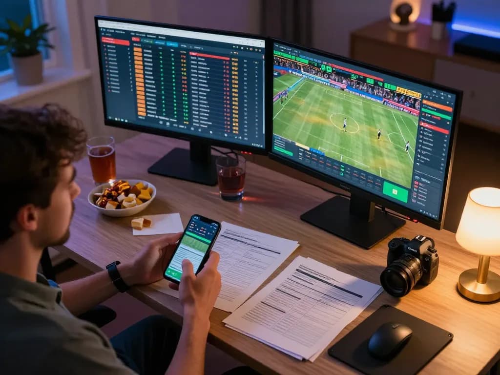 Betting on live sports at home with 123hero.pro, showcasing an engaging dual-monitor setup and strategic planning.