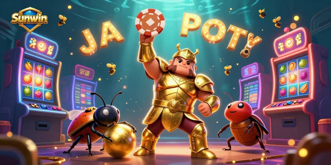 Sunwin jackpots celebrated with a vibrant beetle scene showcasing slots and casino elements.
