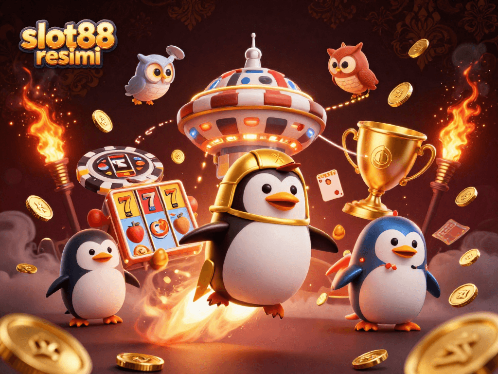Experience the thrill of slot88 resmi with a golden penguin soaring to a casino station in vibrant 3D.