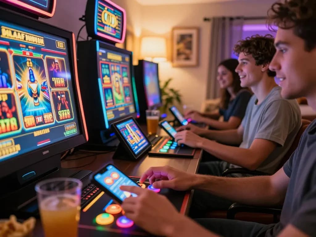 Engaged players enjoying situs slot gameplay on mobile devices in cozy home setting.