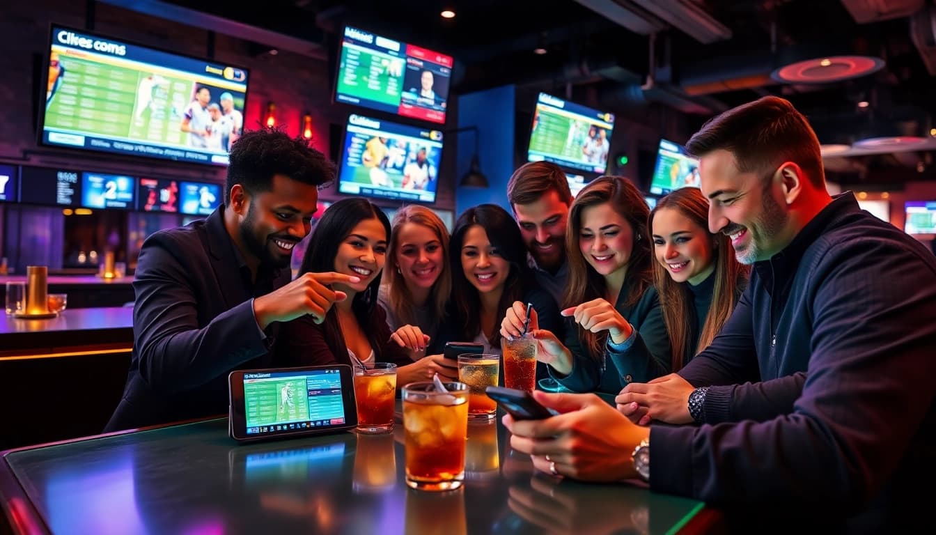 Engaged group in online Betting session, analyzing game odds and statistics at a vibrant sports bar.