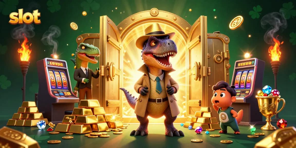 Spin the slot reels alongside a velociraptor in a trench coat while treasures burst from a vault.