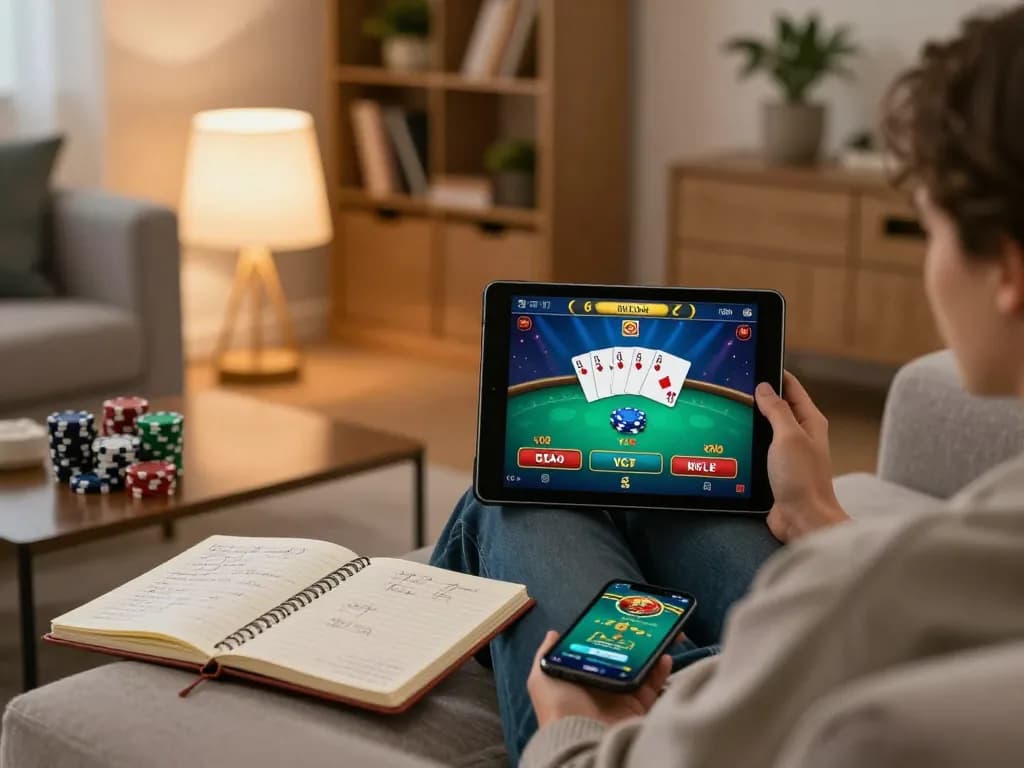 Engaged player exploring casinoatlas poker game on a tablet in a cozy home setting