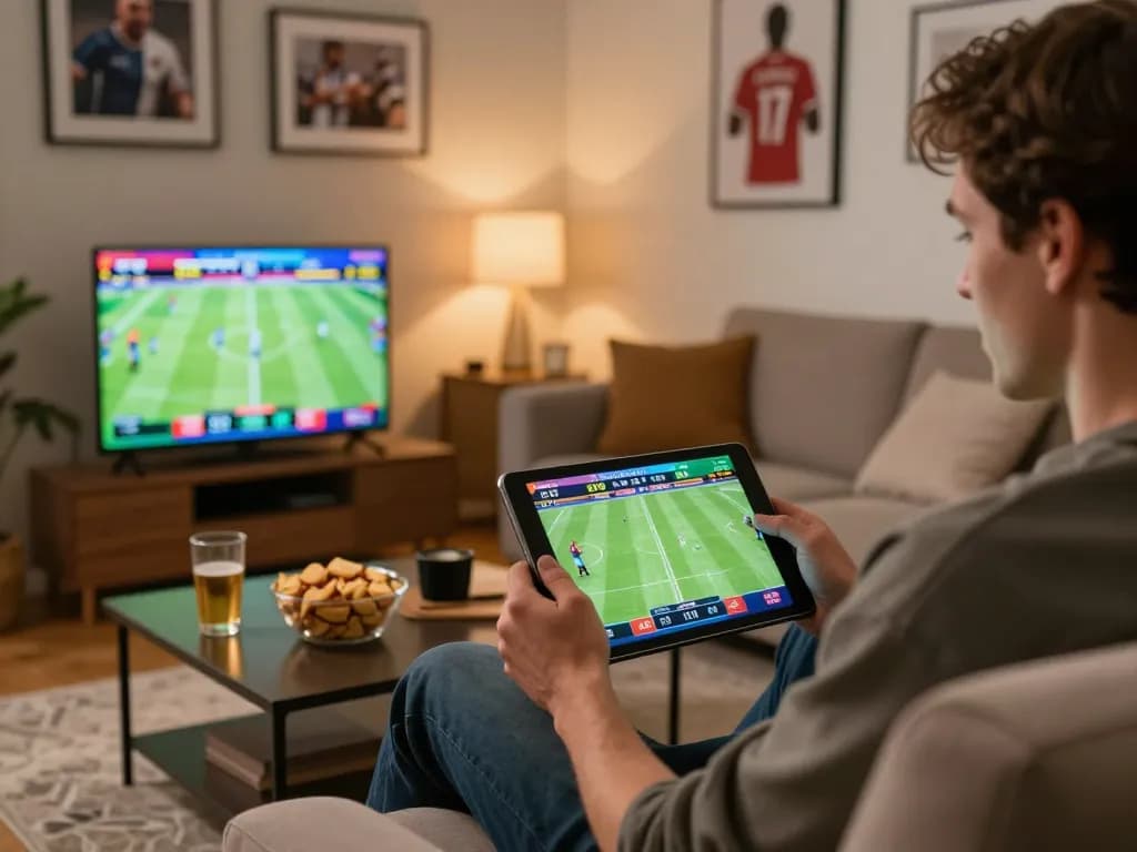 Soi kèo action in a cozy living room as a person bets on sports using a tablet.