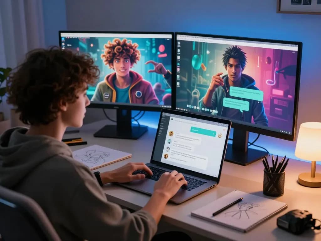 Engaging user experience with AI chat NSFW on modern laptop surrounded by creative tools in a cozy tech space.