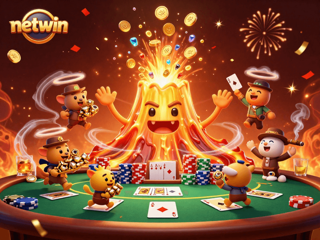 Experience netwin's thrilling eruption of treasures in a vibrant casino scene.