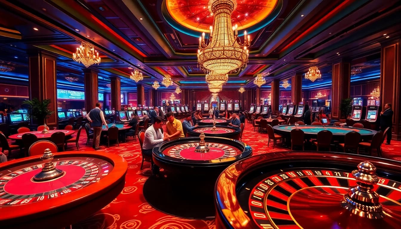 Engaging casino atmosphere with lively players at poker tables and roulette wheels.