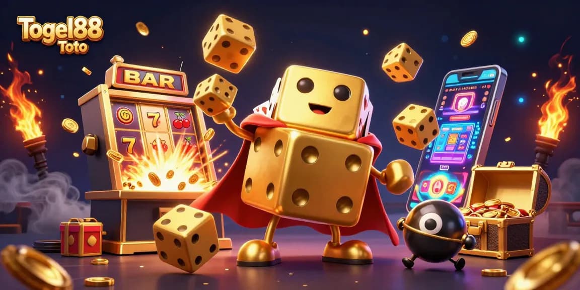 Experience the excitement of Togel88 Toto with a vibrant jackpot scene featuring golden dice and a slot machine.