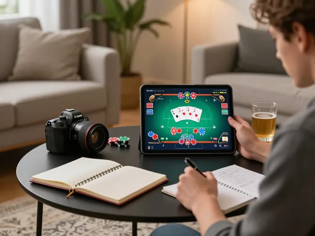 Player immersed in online gambling on tablet showcasing casinos not on gamstop in a cozy home setting.