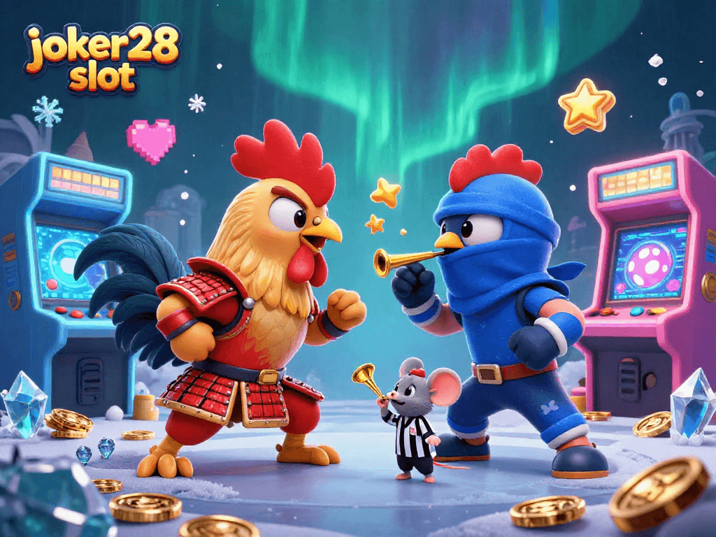 Rasakan keseruan joker28 slot dengan gambar ayam jantan bertarung dan elemen kasino berwarna-warni.