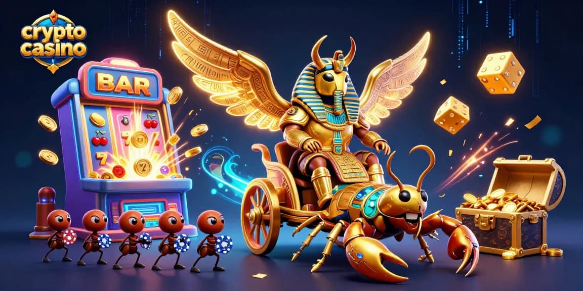 Experience the vibrant energy of a crypto casino with a golden scarab and more in this dynamic illustration.