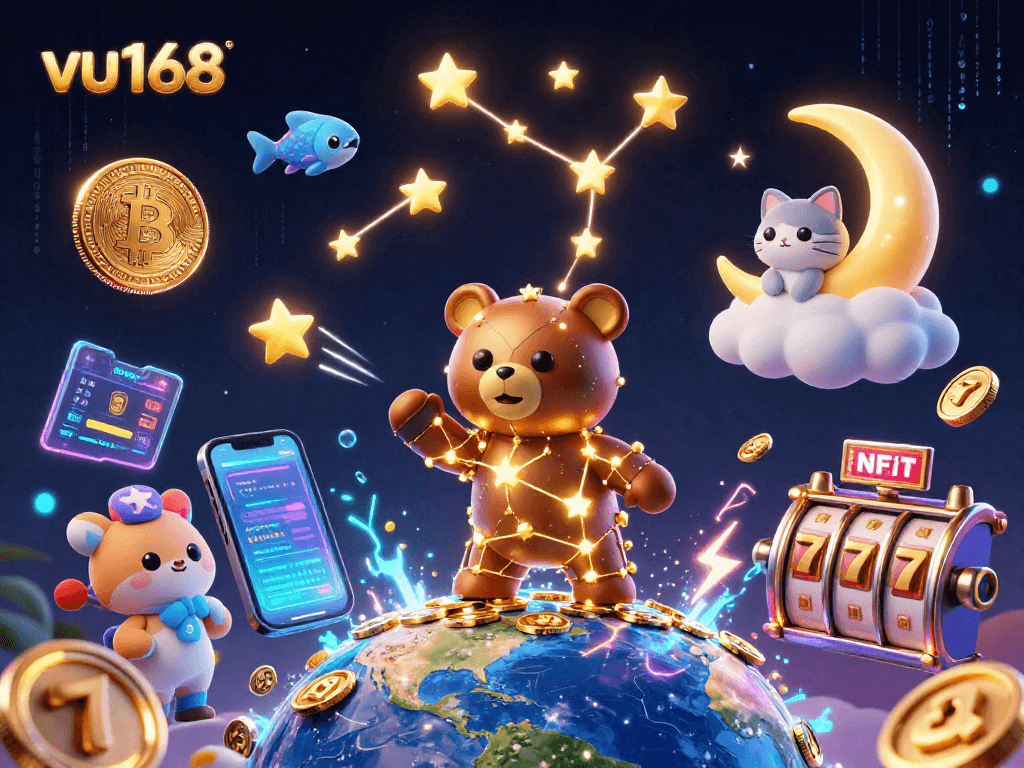 Bet on exciting games at vu168 with vibrant 3D digital art featuring a constellation bear and crypto elements.