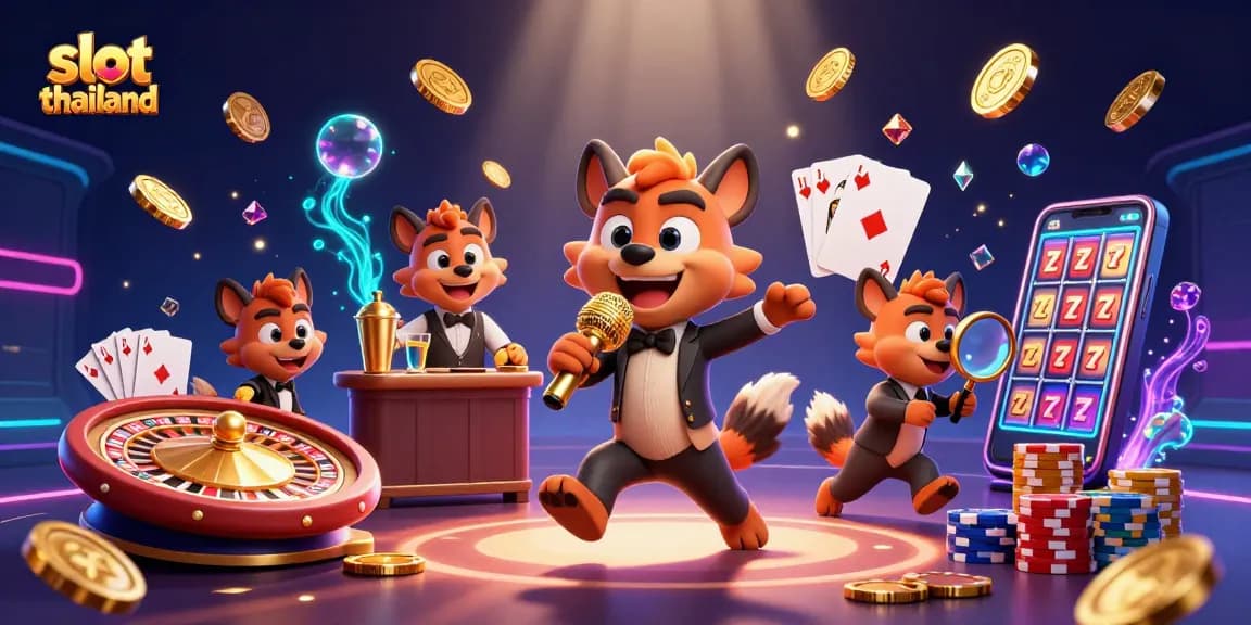Cascading coins and colorful poker chips surround hyenas in a comedy casino showcasing slot thailand gaming.