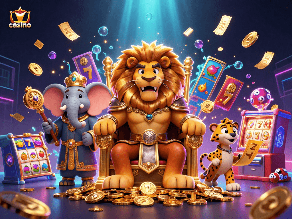 Engage in an exciting casino scene with a lion king and slot reels showcasing vibrant colors.