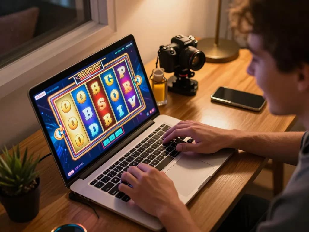 Pemain yang terlibat menekan tombol putar pada mesin slot online, menampilkan gameplay yang menarik