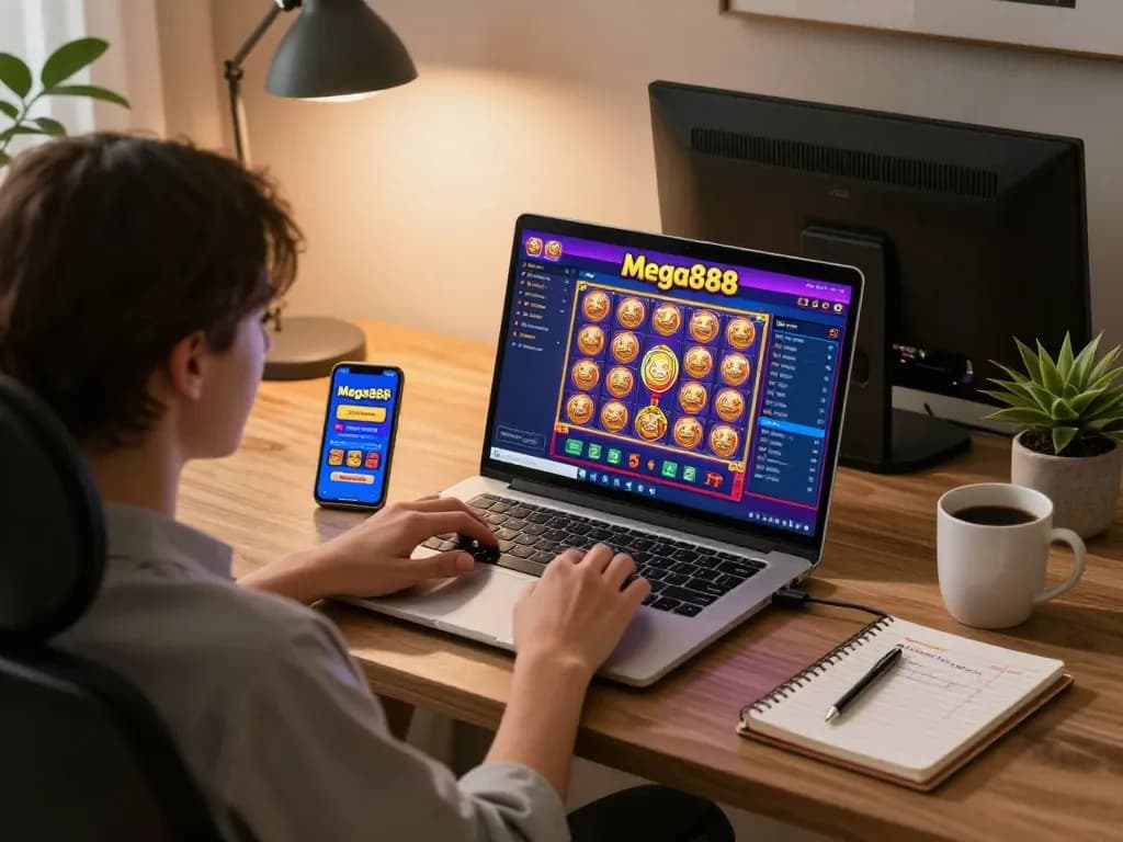 Enjoying Mega888 online gaming on a laptop in a cozy home setup with strategy notes.