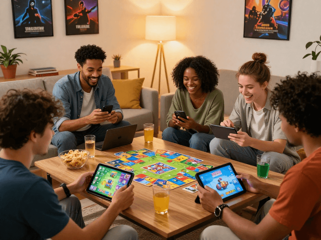 Friends enjoying Indo Rummy game on mobile devices in a cozy living room.