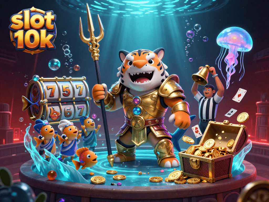 Play exciting slot 10k games with the cartoon tiger shark in a colorful underwater scene filled with treasures.