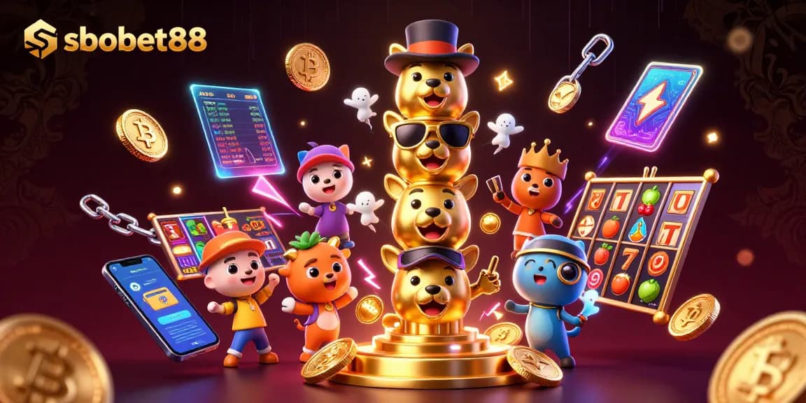 Experience sbobet88's dynamic gaming scene with vibrant slot elements and crypto coins.