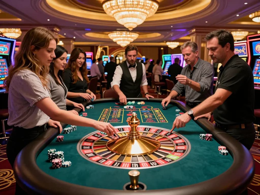 May88 players enjoy the thrill of roulette at a vibrant Las Vegas casino table.