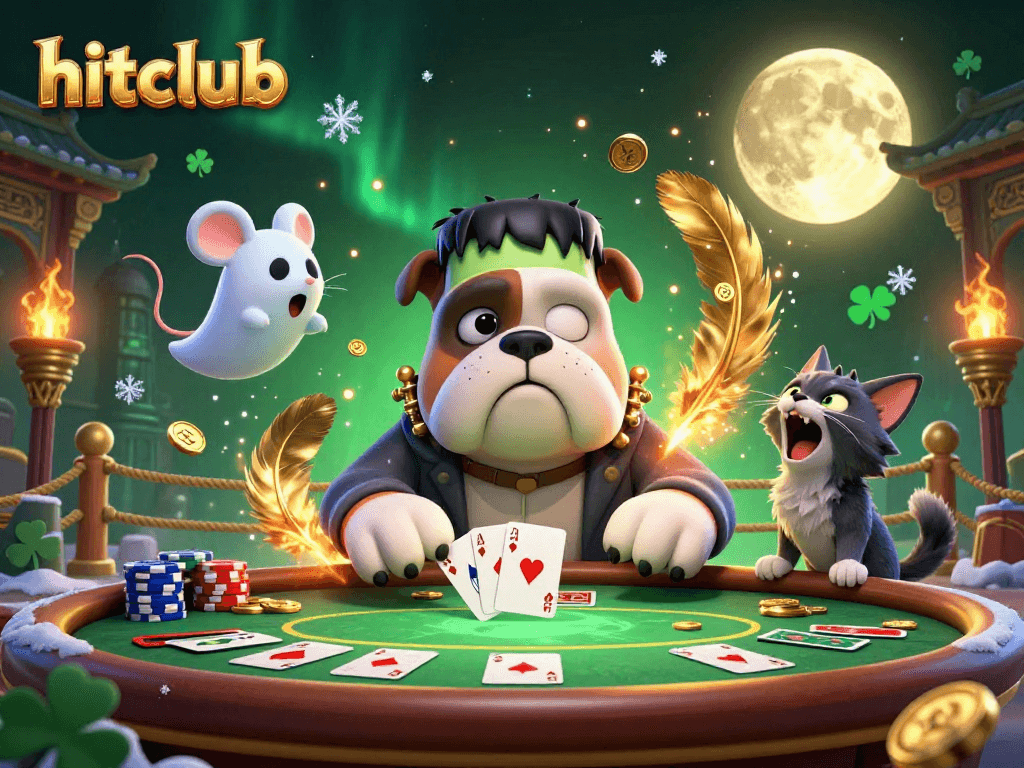 Engage with hitclub's thrilling poker showdown featuring a Frankenstein bulldog and ghostly elements.