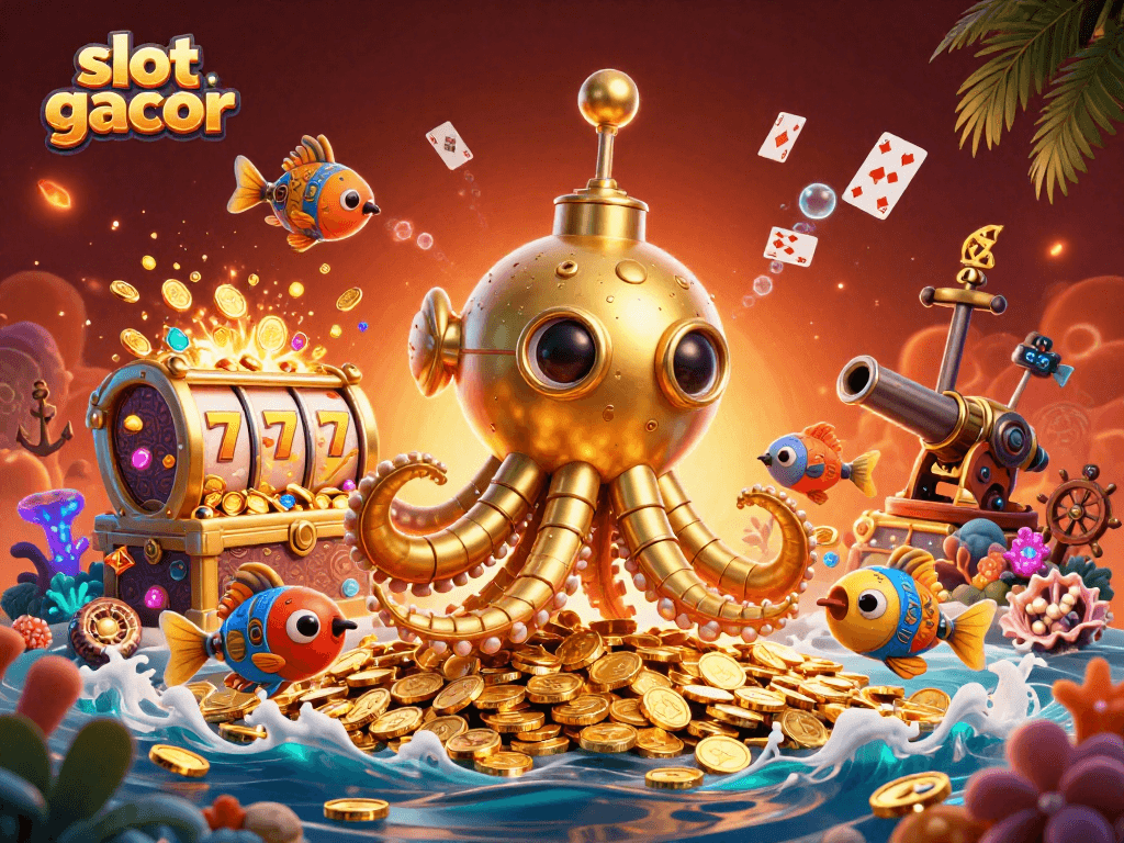 Engage with slot gacor in an ultra-detailed underwater casino scene showcasing a golden kraken and slot reels