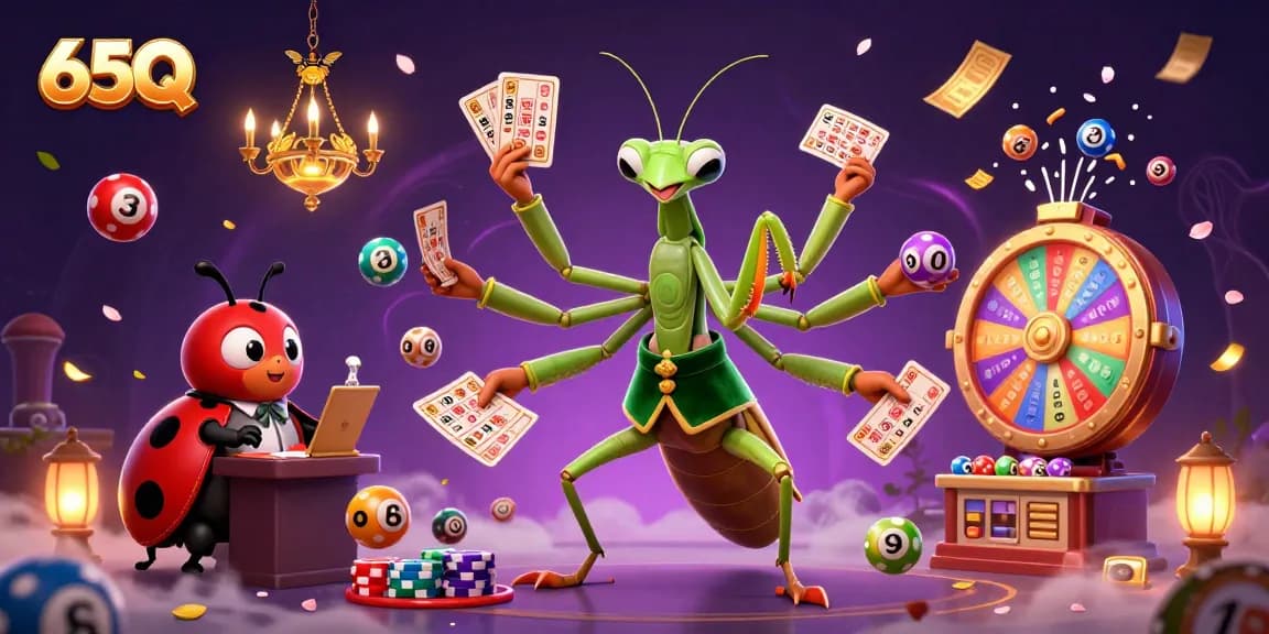 65Q traz a ação do cassino com insetos vibrantes e elementos de loteria em uma cena dinâmica.