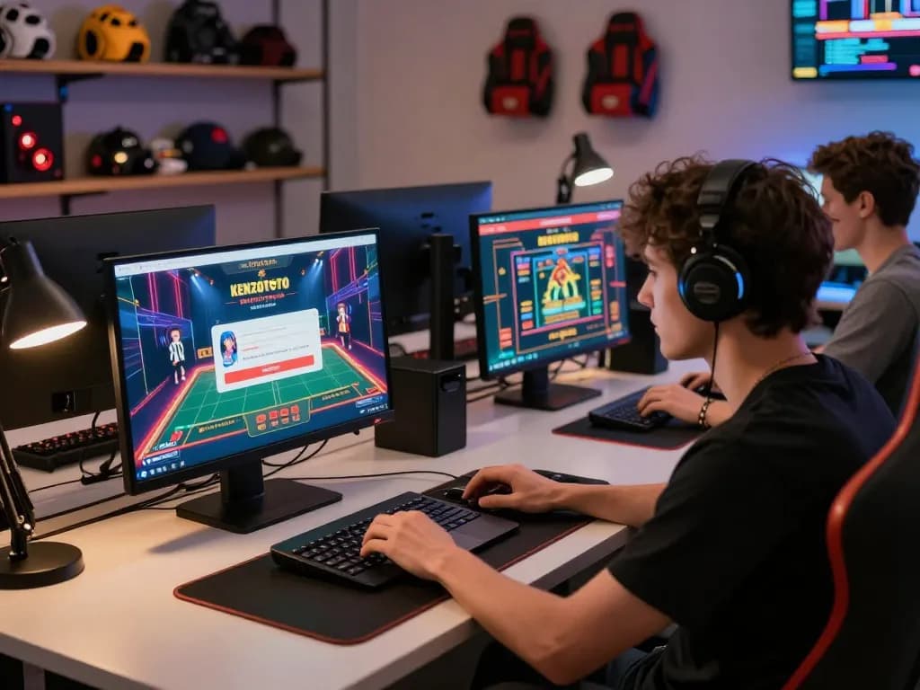 Adegan permainan online yang menarik dengan antarmuka login KENZOTOTO terlihat di layar laptop