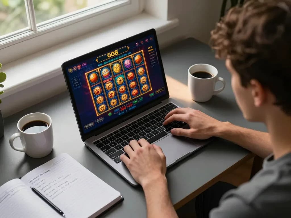 Player strategizing with notes while engaging in GO8s online casino slots action.