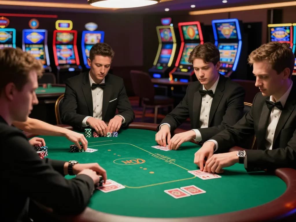 Players strategizing their moves at GO88 poker table in luxurious casino setting, vibrant atmosphere