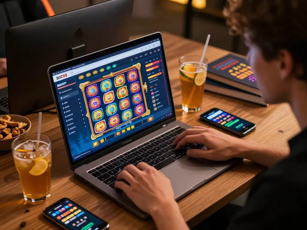 Player strategizing on soc88 while enjoying online slot games in a cozy home setup