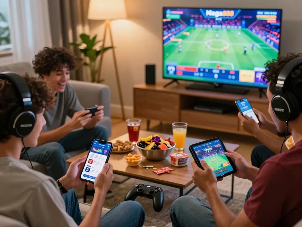 Engaged players maximizing free credit mega888 in a vibrant gaming scene with snacks and excitement.