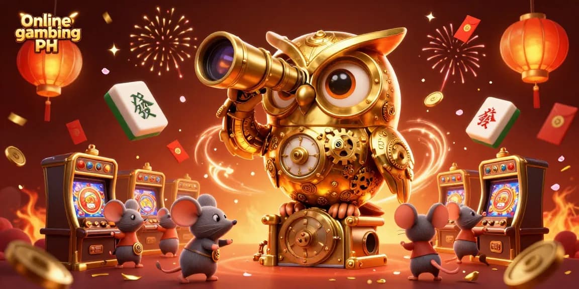 Engage with online gambling PH featuring a golden owl scanning a bustling casino scene.