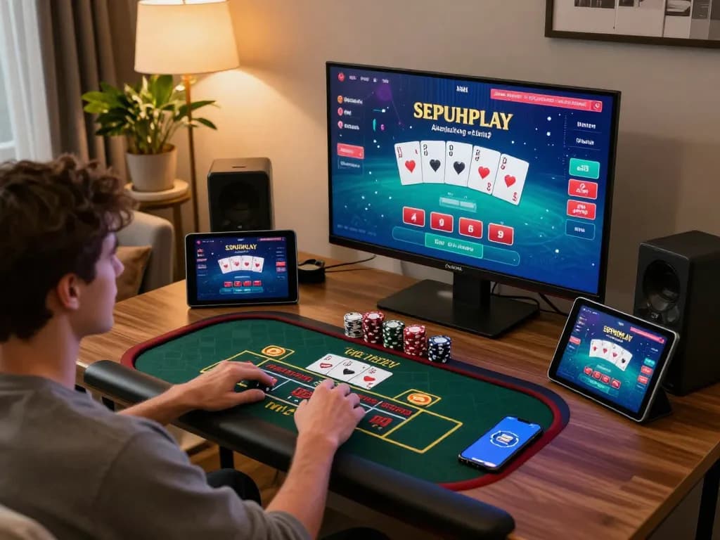 Engaging poker gameplay on Sepuhplay platform showcasing vibrant online casino interface and cozy setting.