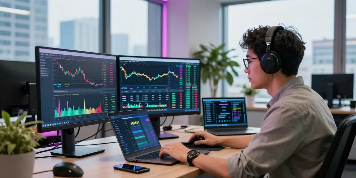 Интерьер битмекс биржа с трейдером, работающим с несколькими мониторами и цифровыми активами