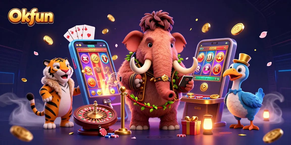 Join Okfun for dynamic gaming action with a woolly mammoth bouncer and a saber-tooth VIP guest.