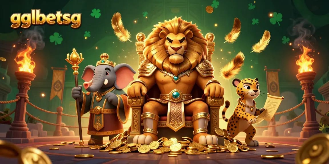 gglbetsg showcases a vibrant esports betting scene with a lion king, elephant advisor, and cheetah messenger.