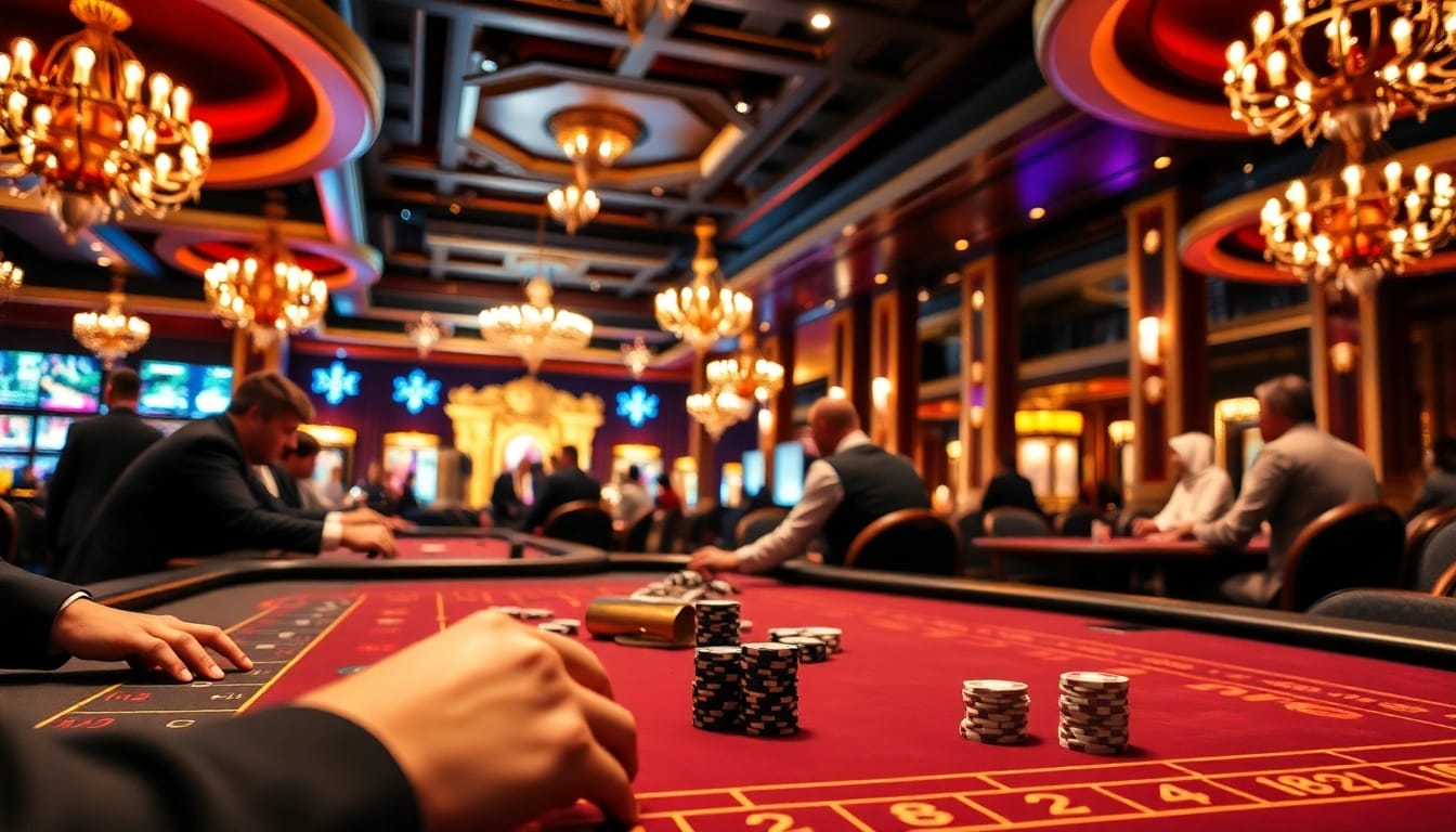 Spieler an einem Casino Tisch bei casinospielen.de setzen aufregende Chips.