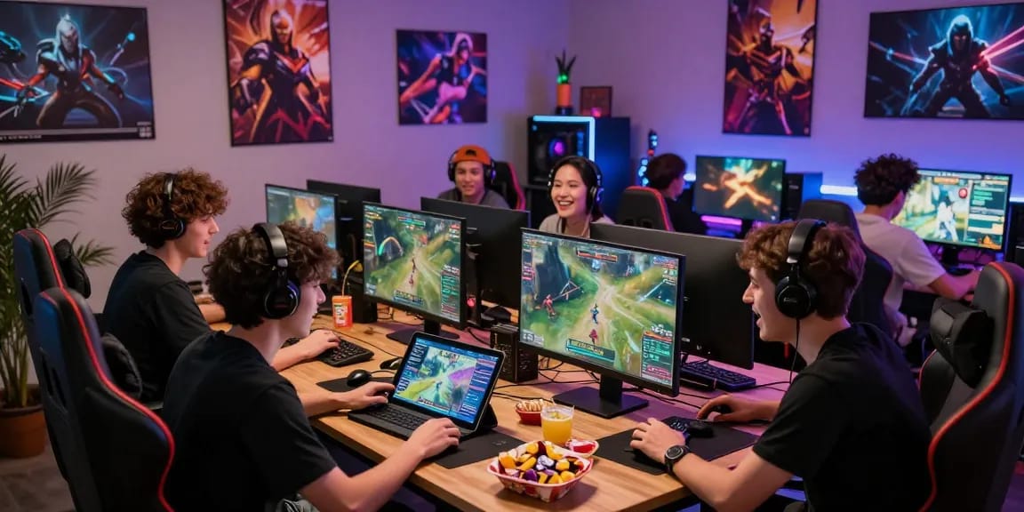 Komunitas permainan online di https://honda555.net/ menunjukkan pemain bersemangat berdiskusi strategi dengan peralatan gaming yang cerah.