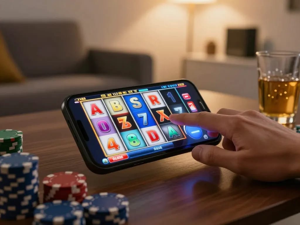 LIGA2000 player engaging with colorful slots on smartphone, showcasing active online gaming