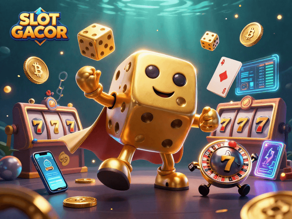 Engage with SLOT GACOR's excitement through a vivid 3D casino scene showcasing dynamic games and a lively atmosphere.