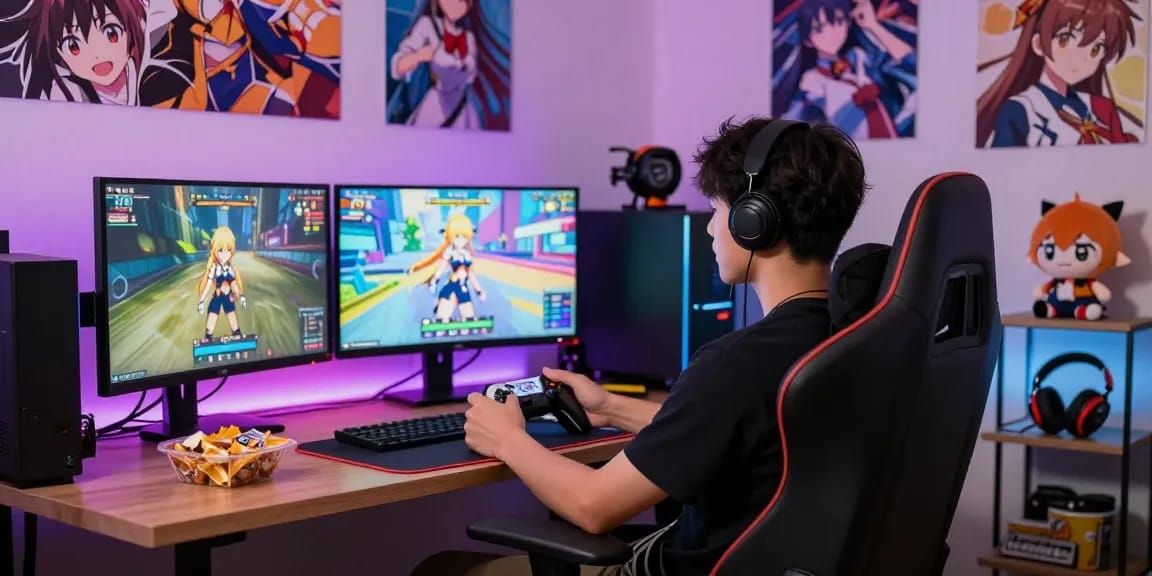 Gamer enjoying an engaging hentai game experience in a vibrant gaming setup.