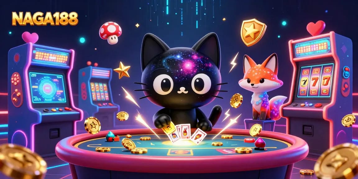 NAGA188 menghadirkan suasana kasino yang menarik dengan kucing hitam berputar dan karakter unik, sedang menarik chip emas.