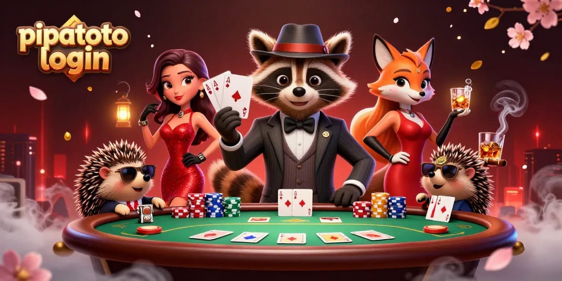 Engage with pipatoto login for a winning hand at the casino with raccoon, fox, and hedgehog characters.